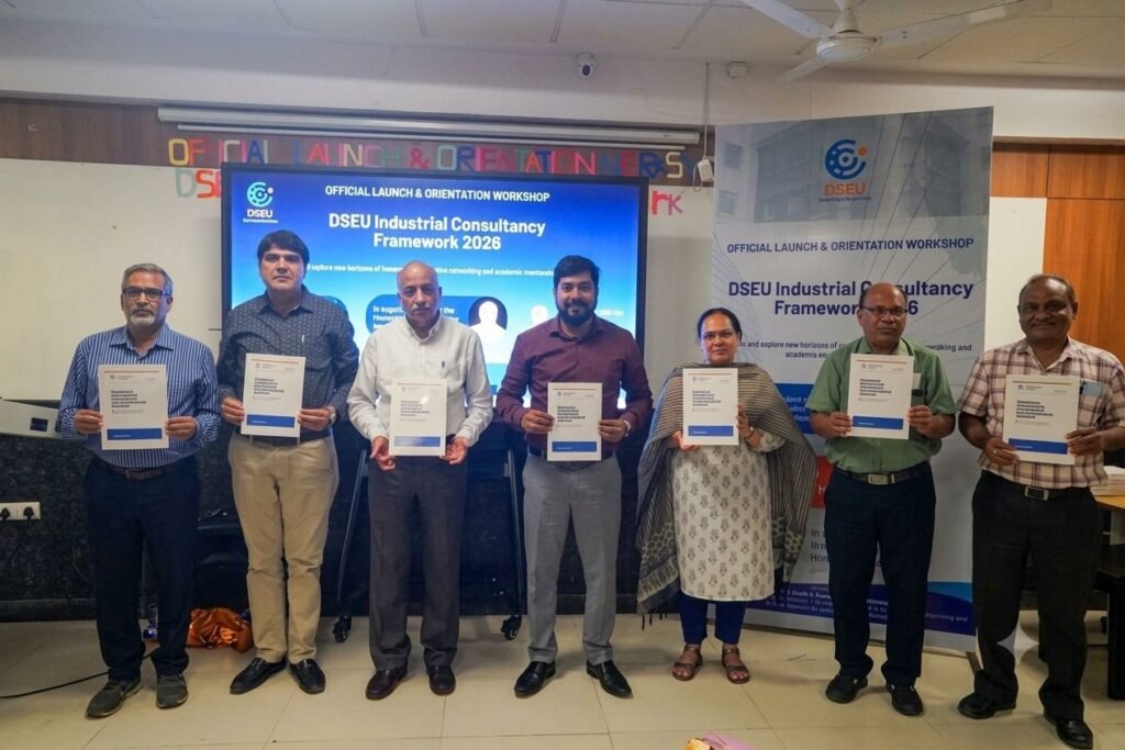 Policy Booklet Release: Senior University functionaries join Hon’ble Vice Chancellor Prof. Ashok Kumar Nagawat during the official release of the DSEU Industrial Consultancy Framework 2026 Policy Booklet.
