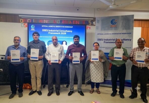 Policy Booklet Release: Senior University functionaries join Hon’ble Vice Chancellor Prof. Ashok Kumar Nagawat during the official release of the DSEU Industrial Consultancy Framework 2026 Policy Booklet.